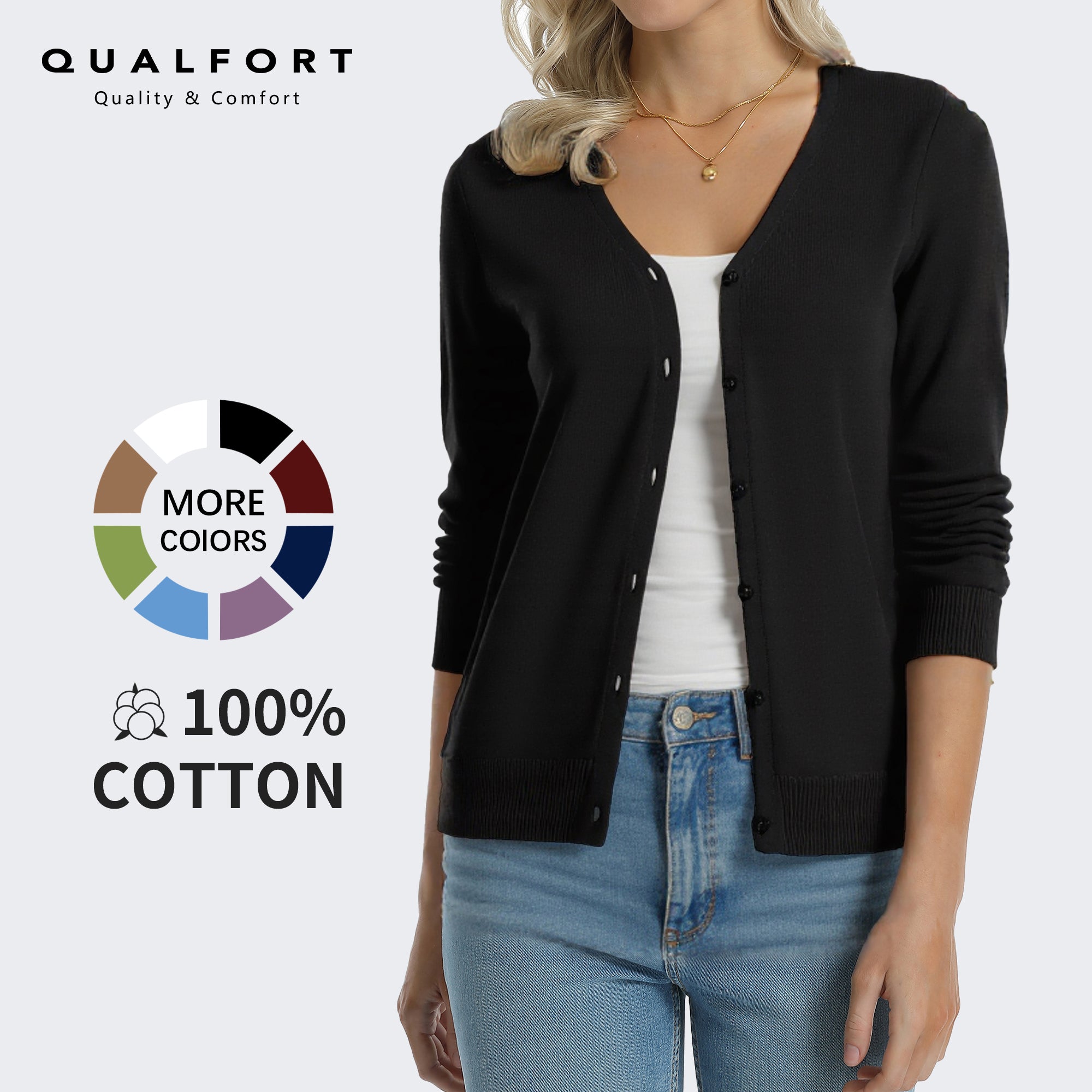 QUALFORT Women's 100% Cotton Lightweight Button-Front Cardigan Sweater, V-Neck Long Sleeve Knit, Black M-2XL - Black