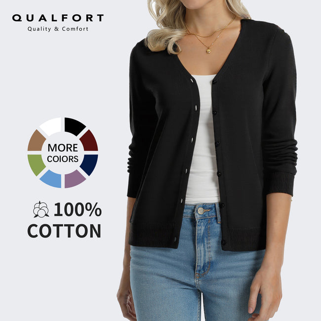 QUALFORT Women's 100% Cotton Lightweight Button-Front Cardigan Sweater, V-Neck Long Sleeve Knit, Black M-2XL - Black Hover Image