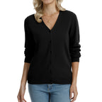 QUALFORT Women's 100% Cotton Lightweight Button-Front Cardigan Sweater, V-Neck Long Sleeve Knit, Black M-2XL - Black