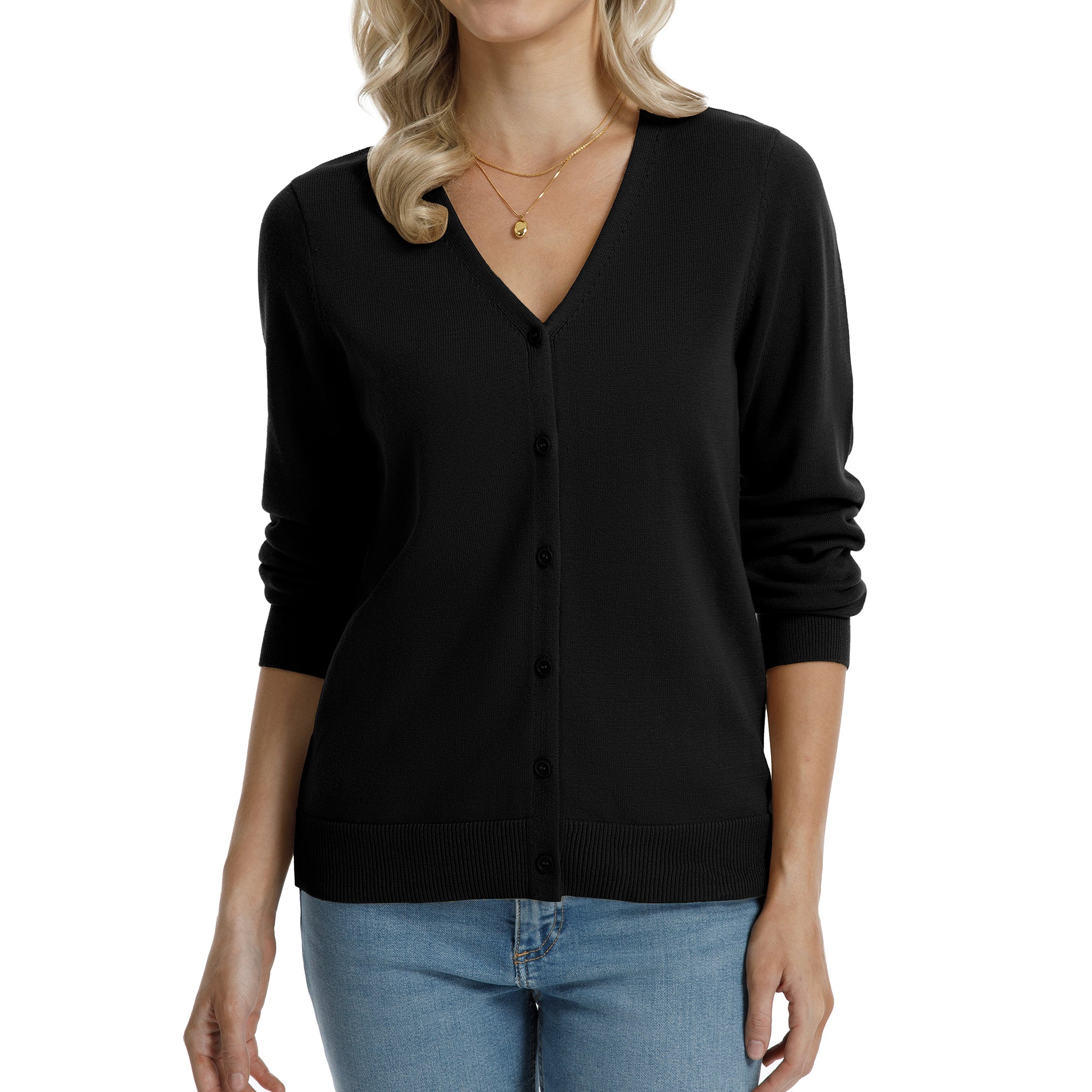 QUALFORT Women's 100% Cotton Lightweight Button-Front Cardigan Sweater, V-Neck Long Sleeve Knit, Black M-2XL - Black