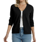 QUALFORT Women's 100% Cotton Lightweight Button-Front Cardigan Sweater, V-Neck Long Sleeve Knit, Black M-2XL - Black