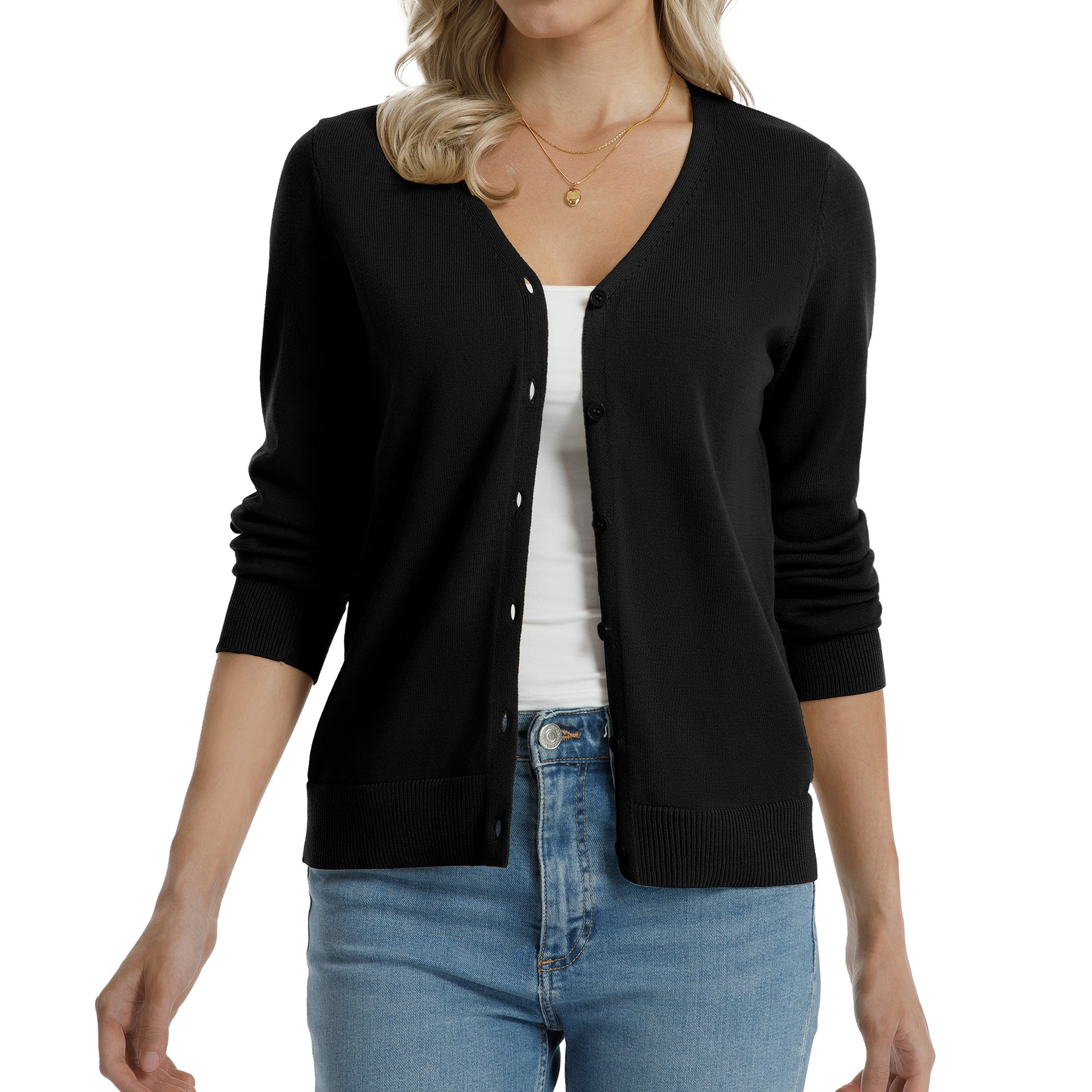 QUALFORT Women's 100% Cotton Lightweight Button-Front Cardigan Sweater, V-Neck Long Sleeve Knit, Black M-2XL - Black
