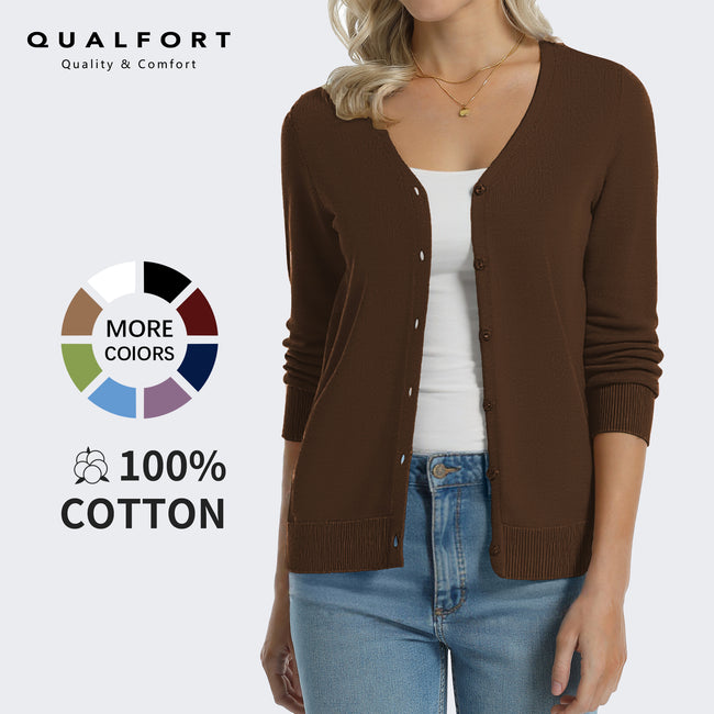 QUALFORT Women's 100% Cotton Lightweight Button-Front Cardigan Sweater, V-Neck Long Sleeve Knit, Black M-2XL Main Image
