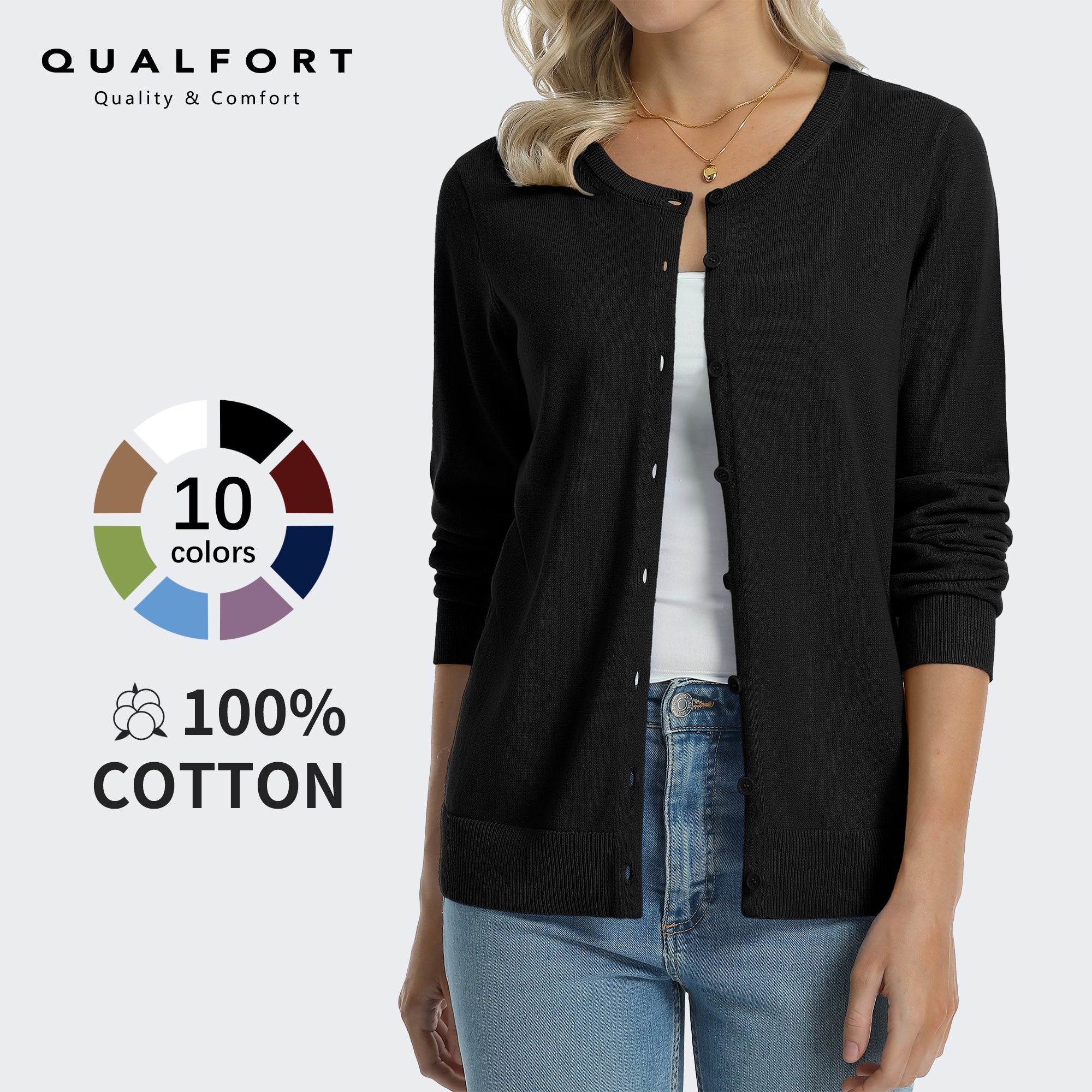 QUALFORT Women’s 100% Cotton Lightweight Button-Front Cardigan Sweater，crew neck Long Sleeve Knit - Black