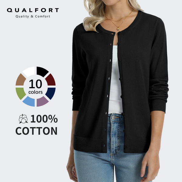 QUALFORT Women’s 100% Cotton Lightweight Button-Front Cardigan Sweater，crew neck Long Sleeve Knit