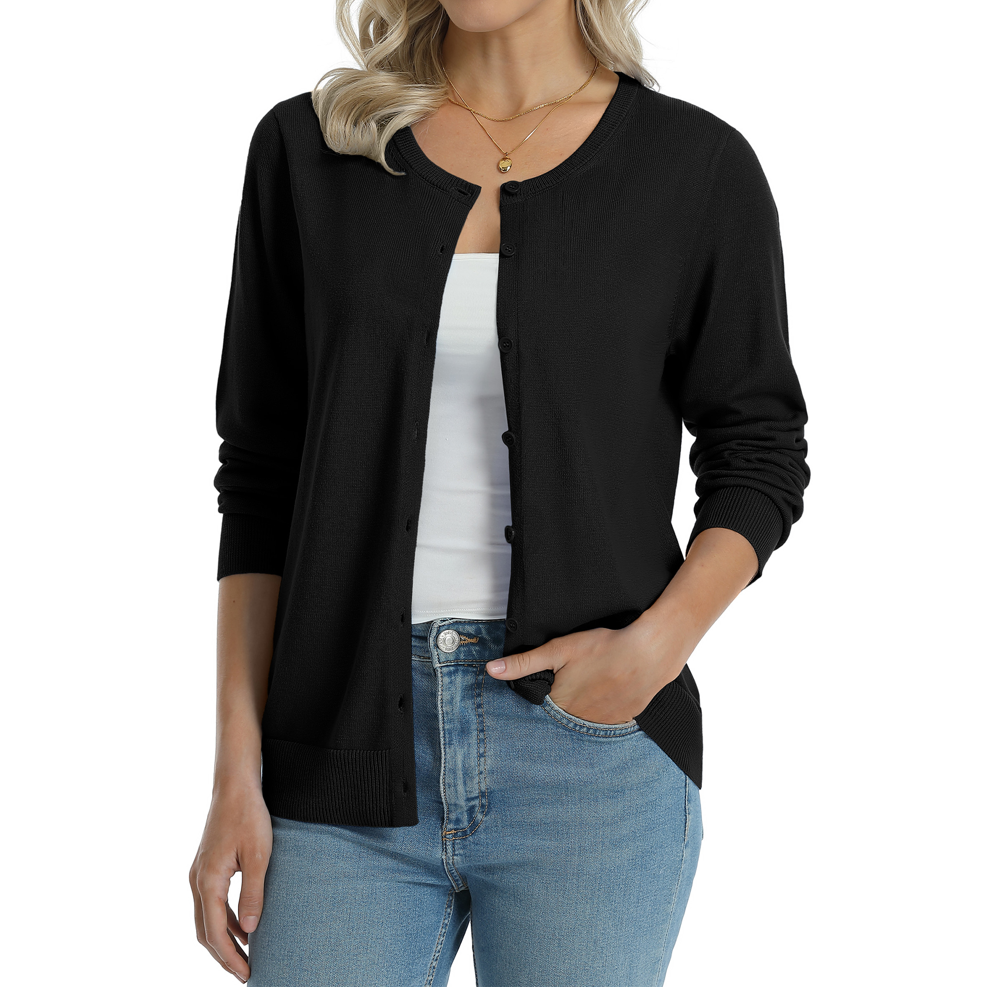 QUALFORT Women’s 100% Cotton Lightweight Button-Front Cardigan Sweater，crew neck Long Sleeve Knit - Black
