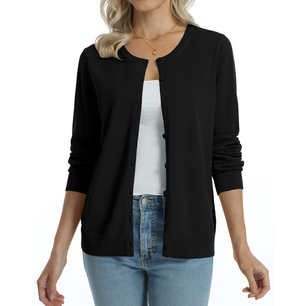 QUALFORT Women’s 100% Cotton Lightweight Button-Front Cardigan Sweater，crew neck Long Sleeve Knit - Black