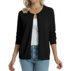 QUALFORT Women’s 100% Cotton Lightweight Button-Front Cardigan Sweater，crew neck Long Sleeve Knit - Black