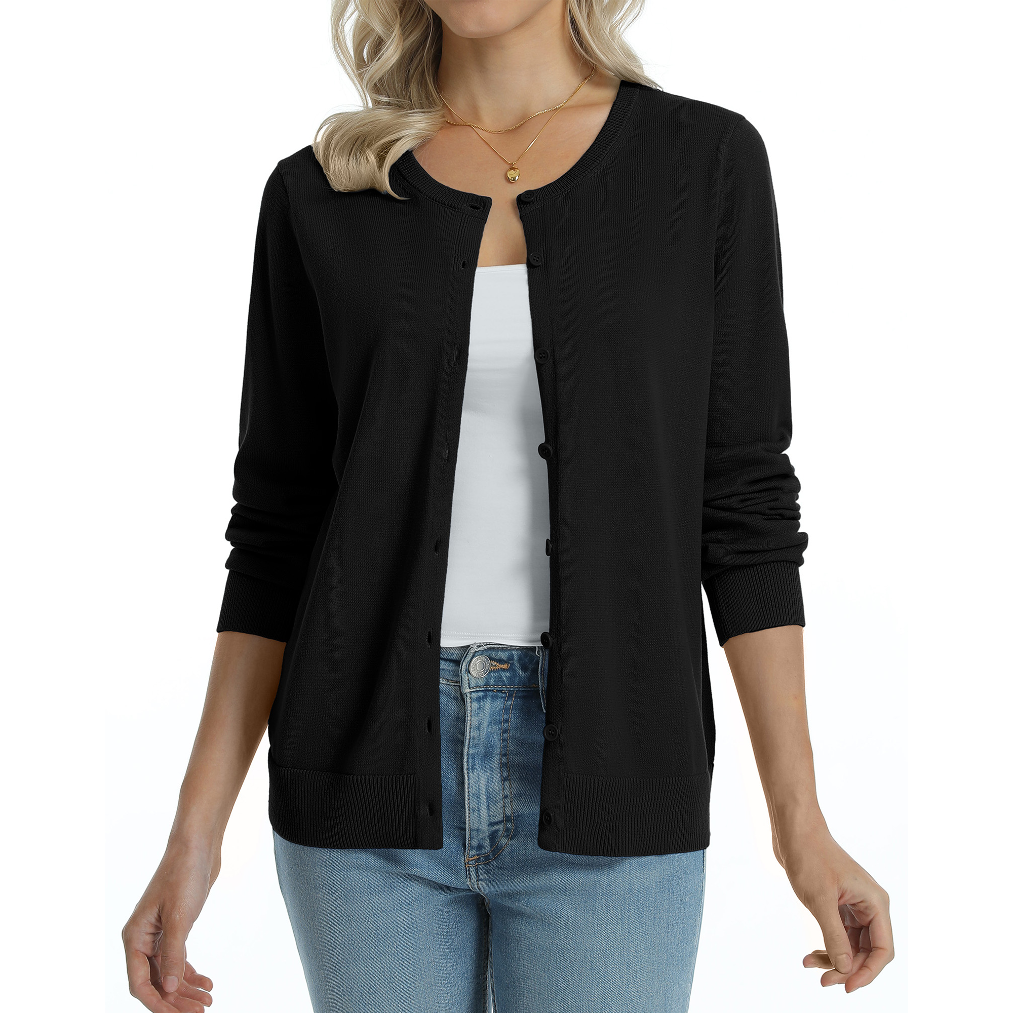 QUALFORT Women’s 100% Cotton Lightweight Button-Front Cardigan Sweater，crew neck Long Sleeve Knit - Black