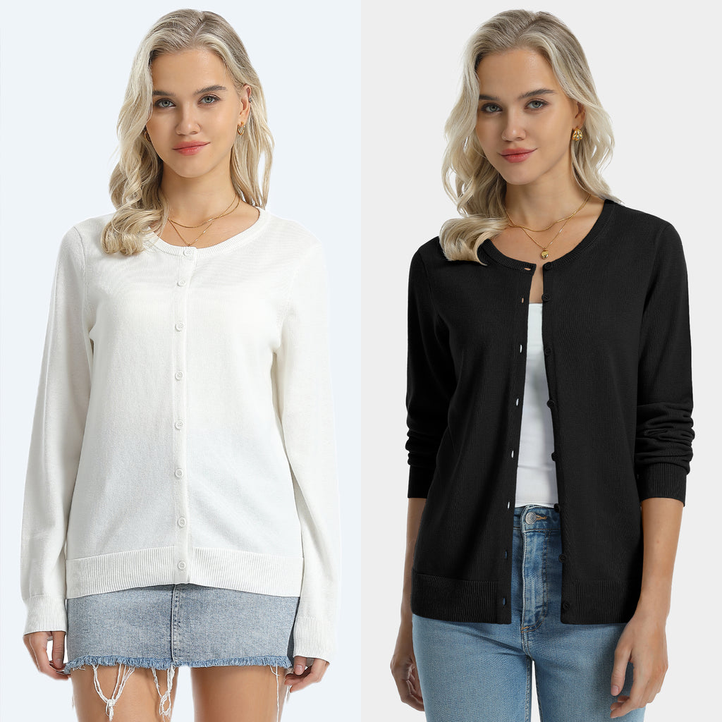 QUALFORT Women’s 100% Cotton Lightweight Button-Front Cardigan Sweater，crew neck Long Sleeve Knit - Black