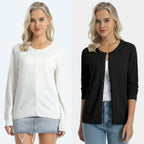QUALFORT Women’s 100% Cotton Lightweight Button-Front Cardigan Sweater，crew neck Long Sleeve Knit - Black