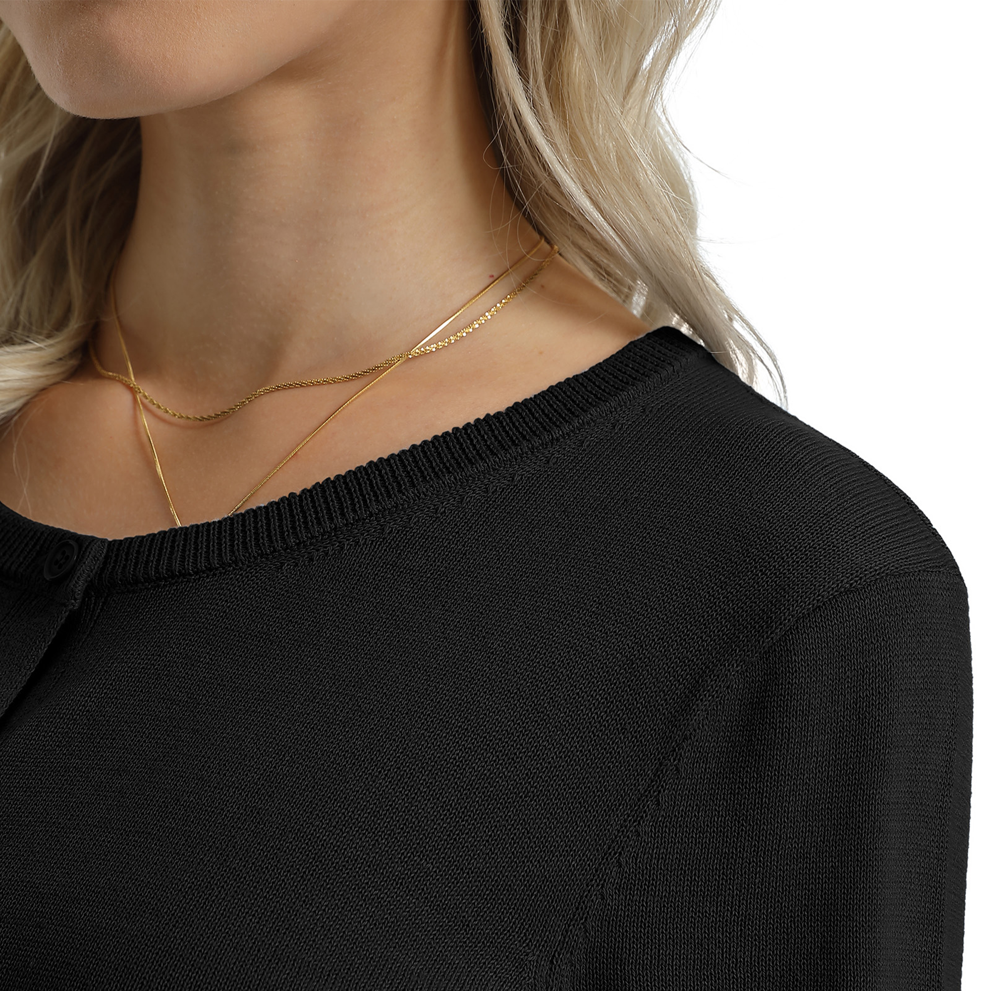 QUALFORT Women’s 100% Cotton Lightweight Button-Front Cardigan Sweater，crew neck Long Sleeve Knit - Black