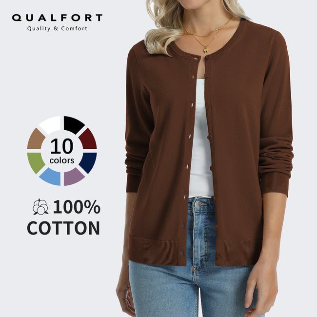 QUALFORT Women’s 100% Cotton Lightweight Button-Front Cardigan Sweater，crew neck Long Sleeve Knit Main Image