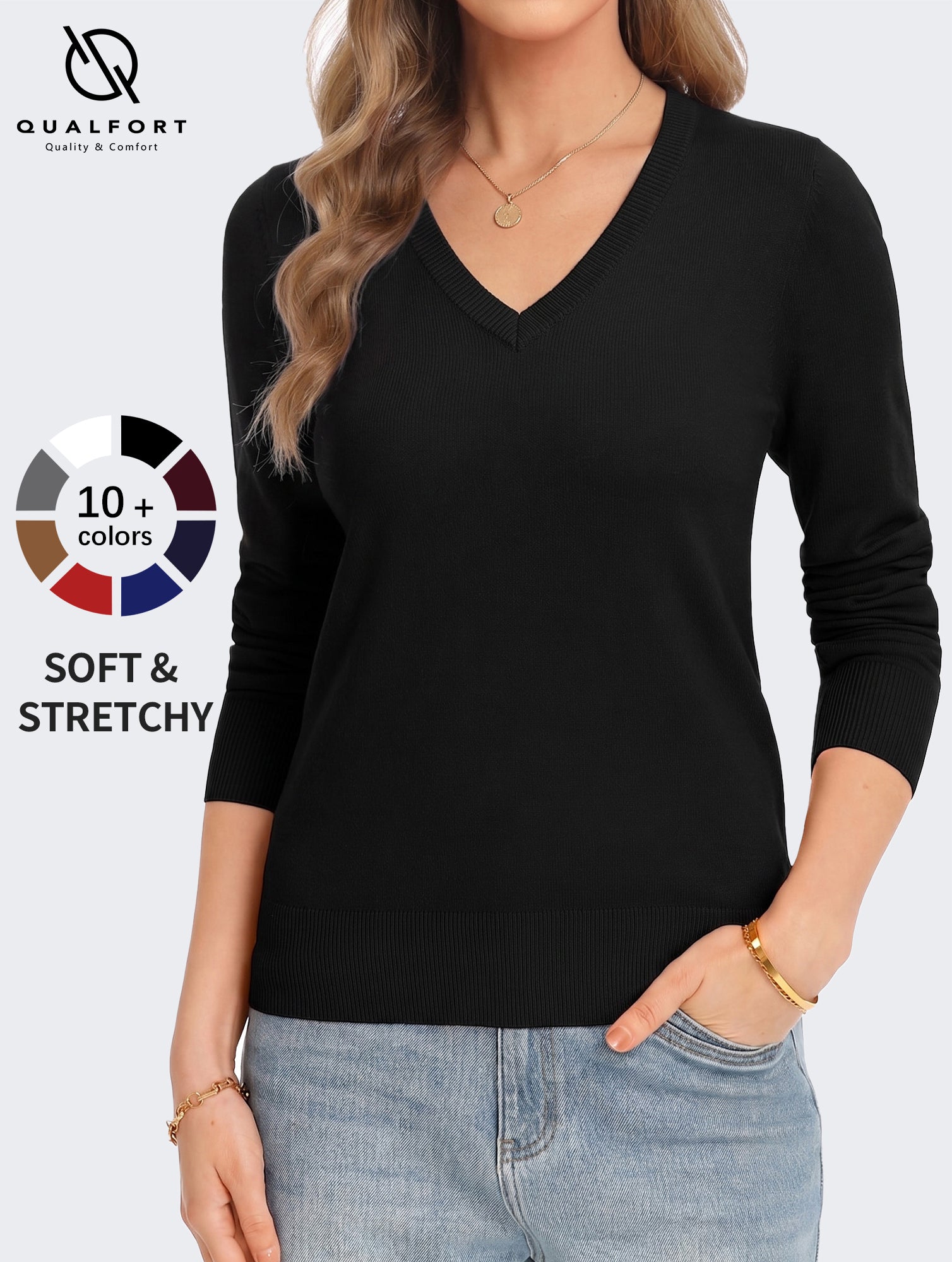 QUALFORT Sweaters for Women, Lightweight V Neck Long Sleeve Pullover Sweater, Soft Knit Women's Sweater Top - Black