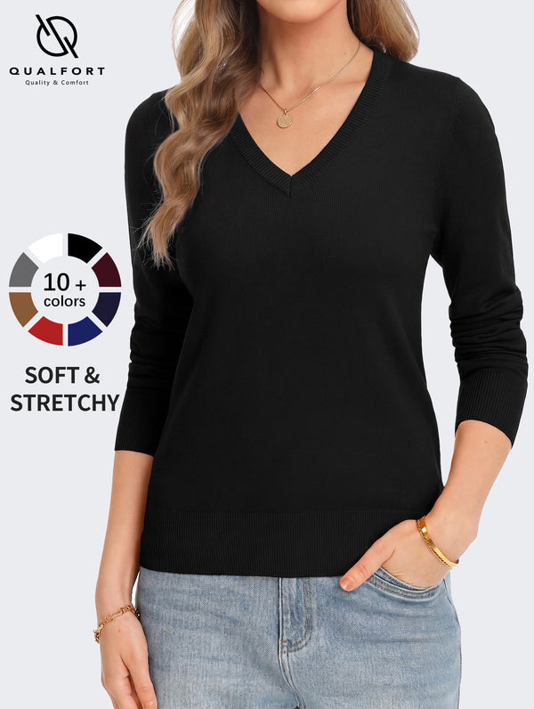 QUALFORT Sweaters for Women, Lightweight V Neck Long Sleeve Pullover Sweater, Soft Knit Women's Sweater Top