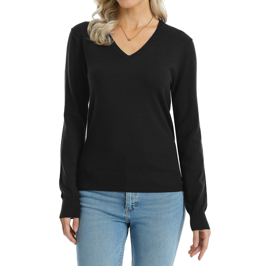 QUALFORT Sweaters for Women, Lightweight V Neck Long Sleeve Pullover Sweater, Soft Knit Women's Sweater Top - Black