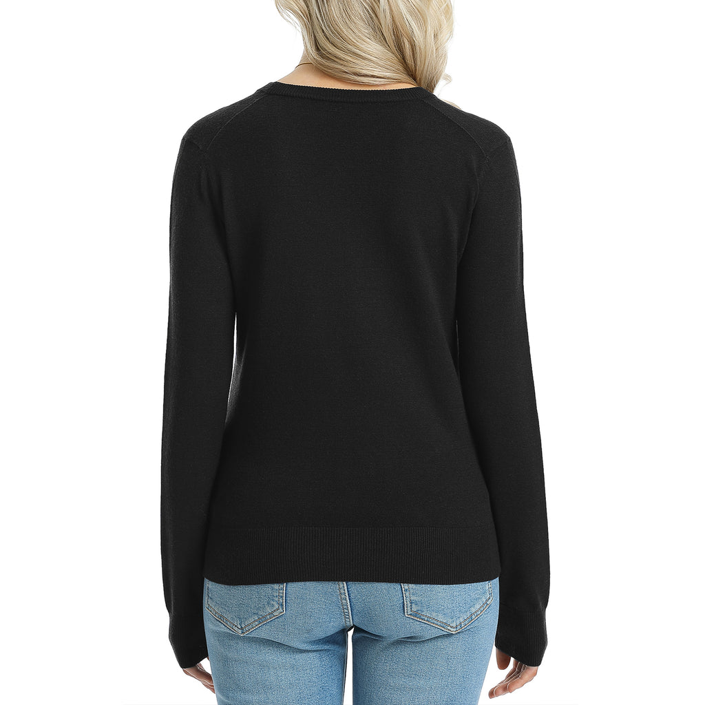 QUALFORT Sweaters for Women, Lightweight V Neck Long Sleeve Pullover Sweater, Soft Knit Women's Sweater Top - Black
