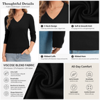 QUALFORT Sweaters for Women, Lightweight V Neck Long Sleeve Pullover Sweater, Soft Knit Women's Sweater Top - Black