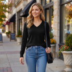QUALFORT Sweaters for Women, Lightweight V Neck Long Sleeve Pullover Sweater, Soft Knit Women's Sweater Top - Black