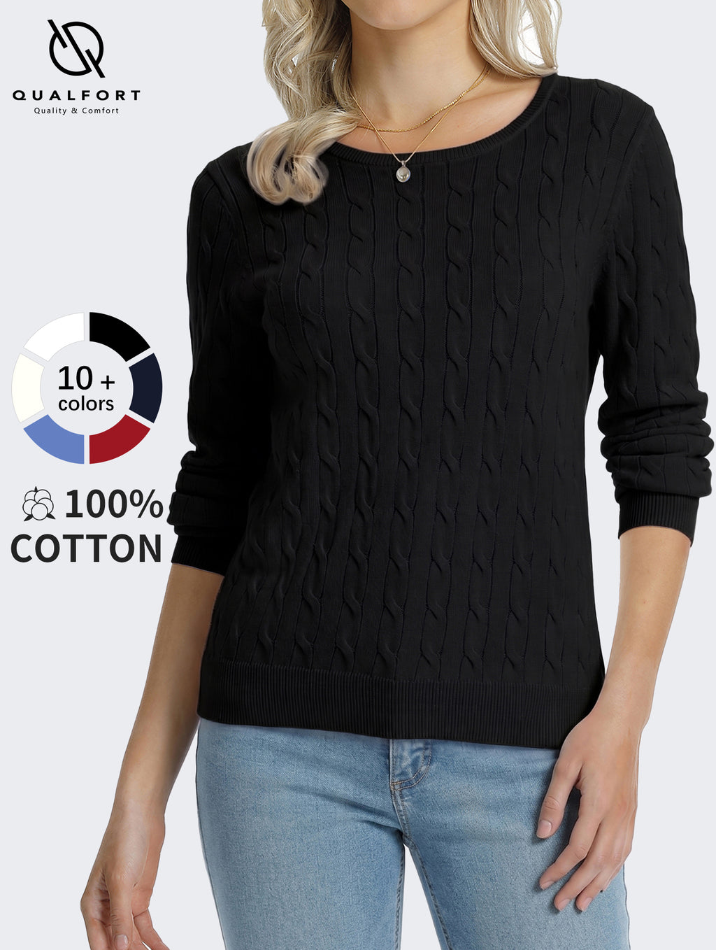 QUALFORT Women's 100% Cotton Cable Knit Sweater, Crew Neck Lightweight Pullover Sweater for Women, Long Sleeve Knit Top - Black