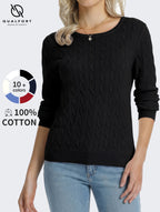 QUALFORT Women's 100% Cotton Cable Knit Sweater, Crew Neck Lightweight Pullover Sweater for Women, Long Sleeve Knit Top - Black