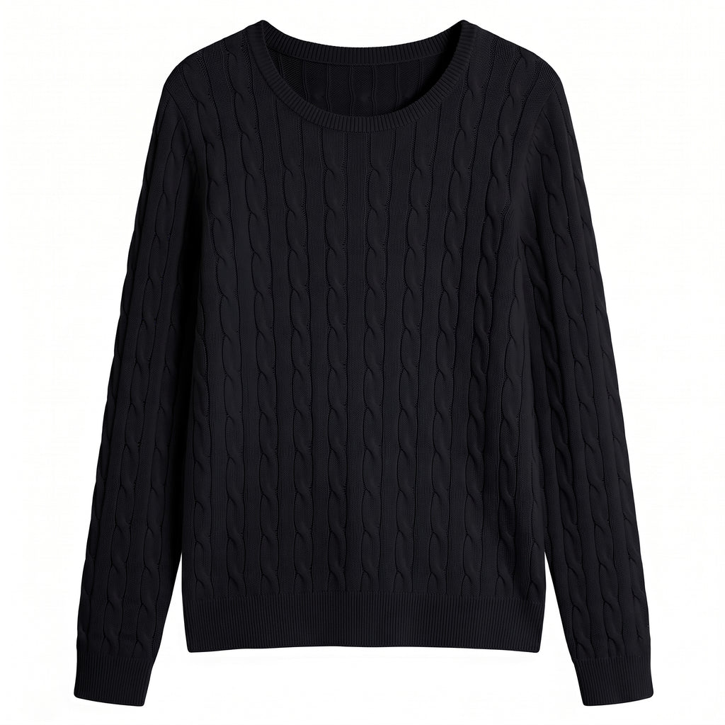QUALFORT Women's 100% Cotton Cable Knit Sweater, Crew Neck Lightweight Pullover Sweater for Women, Long Sleeve Knit Top - Black