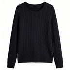 QUALFORT Women's 100% Cotton Cable Knit Sweater, Crew Neck Lightweight Pullover Sweater for Women, Long Sleeve Knit Top - Black