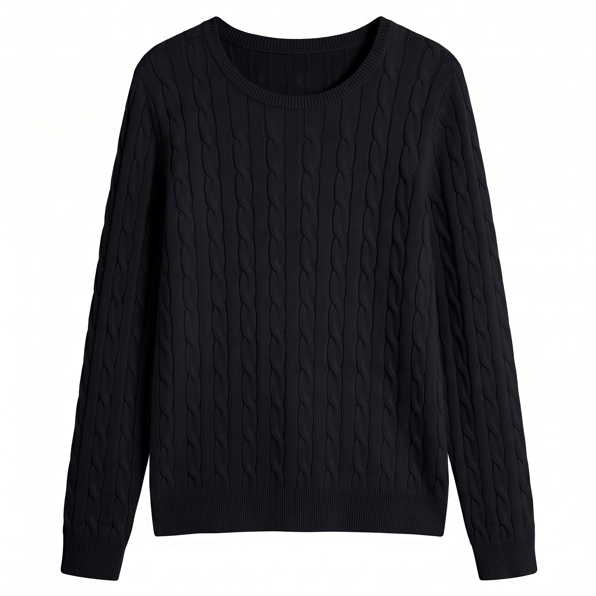 QUALFORT Women's 100% Cotton Cable Knit Sweater, Crew Neck Lightweight Pullover Sweater for Women, Long Sleeve Knit Top - Black