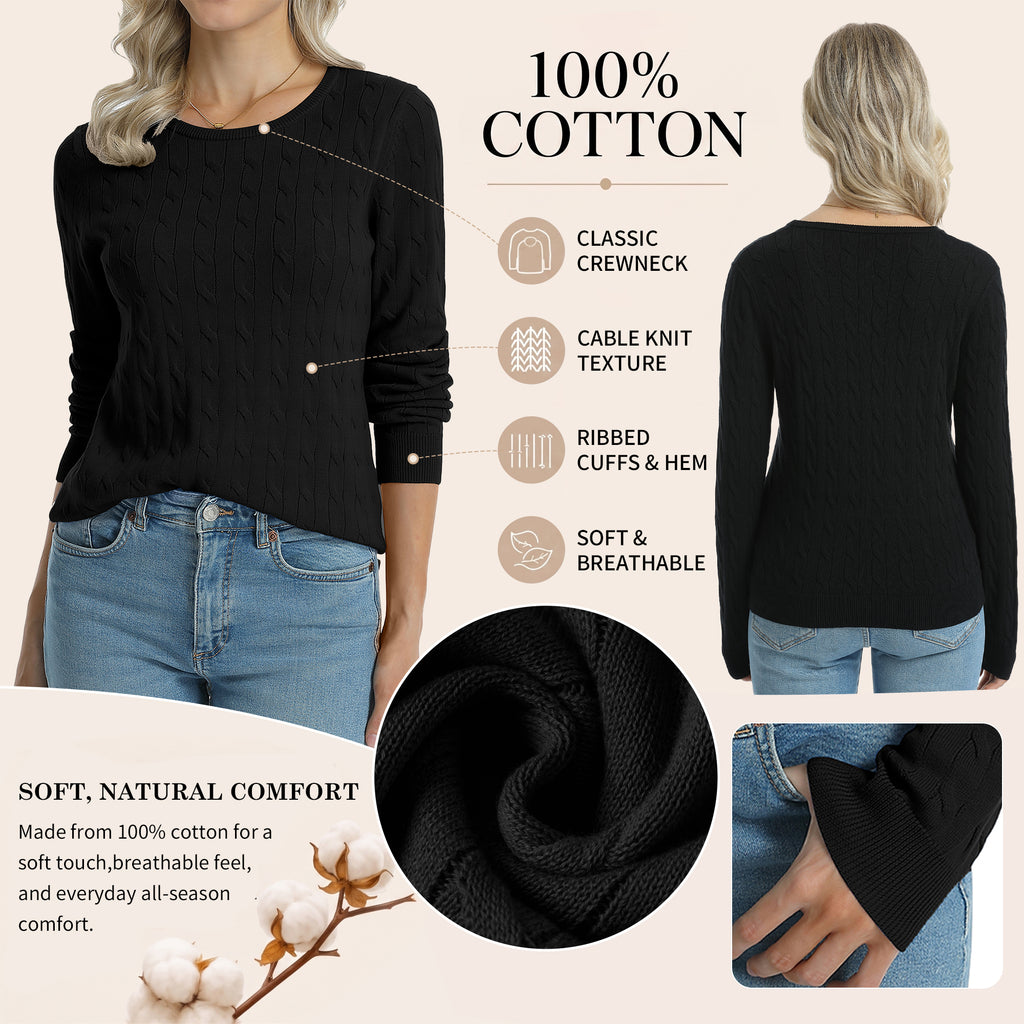 QUALFORT Women's 100% Cotton Cable Knit Sweater, Crew Neck Lightweight Pullover Sweater for Women, Long Sleeve Knit Top - Black