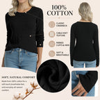 QUALFORT Women's 100% Cotton Cable Knit Sweater, Crew Neck Lightweight Pullover Sweater for Women, Long Sleeve Knit Top - Black