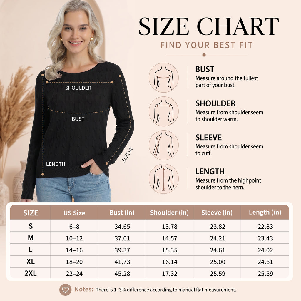 QUALFORT Women's 100% Cotton Cable Knit Sweater, Crew Neck Lightweight Pullover Sweater for Women, Long Sleeve Knit Top - Black