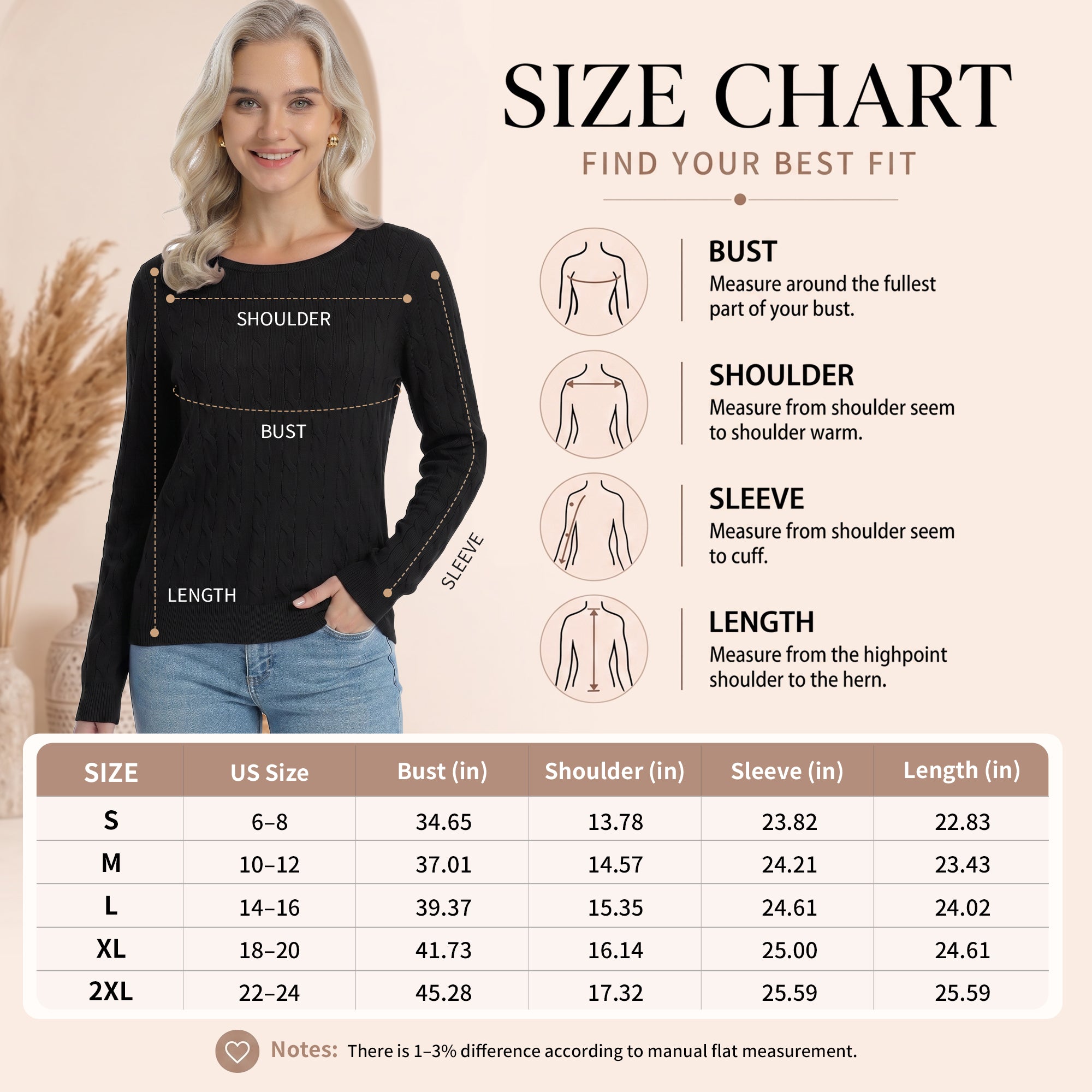 QUALFORT Women's 100% Cotton Cable Knit Sweater, Crew Neck Lightweight Pullover Sweater for Women, Long Sleeve Knit Top - Black