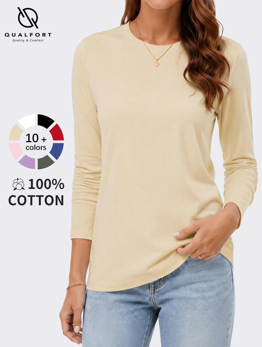 QUALFORT Women's Long Sleeve Shirts, 100% Cotton Crew Neck Long Sleeve T Shirt for Women, Soft Lightweight Casual Basic Cotton Top - Cream