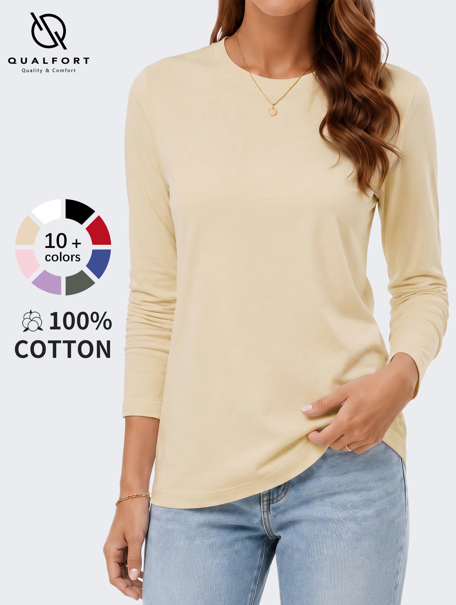 QUALFORT Women's Long Sleeve Shirts, 100% Cotton Crew Neck Long Sleeve T Shirt for Women, Soft Lightweight Casual Basic Cotton Top - Cream