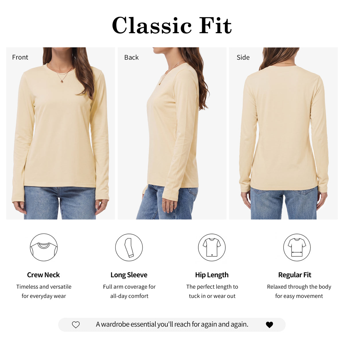 QUALFORT Women's Long Sleeve Shirts, 100% Cotton Crew Neck Long Sleeve T Shirt for Women, Soft Lightweight Casual Basic Cotton Top - Cream