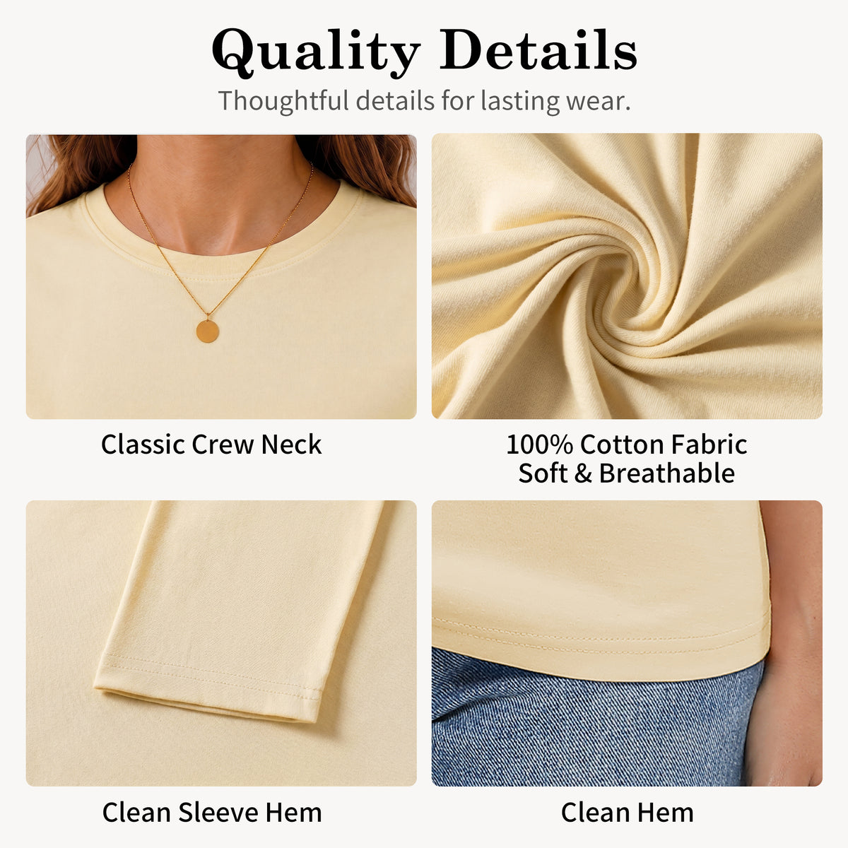 QUALFORT Women's Long Sleeve Shirts, 100% Cotton Crew Neck Long Sleeve T Shirt for Women, Soft Lightweight Casual Basic Cotton Top - Cream