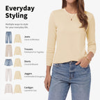 QUALFORT Women's Long Sleeve Shirts, 100% Cotton Crew Neck Long Sleeve T Shirt for Women, Soft Lightweight Casual Basic Cotton Top - Cream