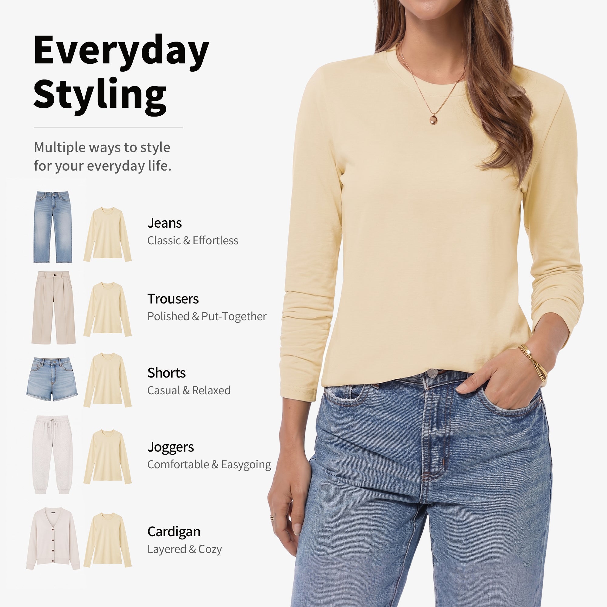 QUALFORT Women's Long Sleeve Shirts, 100% Cotton Crew Neck Long Sleeve T Shirt for Women, Soft Lightweight Casual Basic Cotton Top - Cream