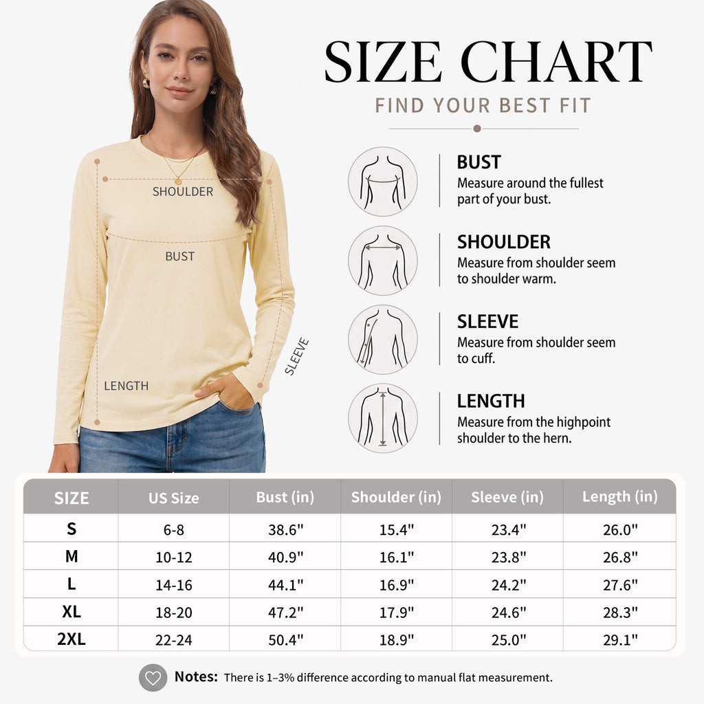 QUALFORT Women's Long Sleeve Shirts, 100% Cotton Crew Neck Long Sleeve T Shirt for Women, Soft Lightweight Casual Basic Cotton Top - Cream